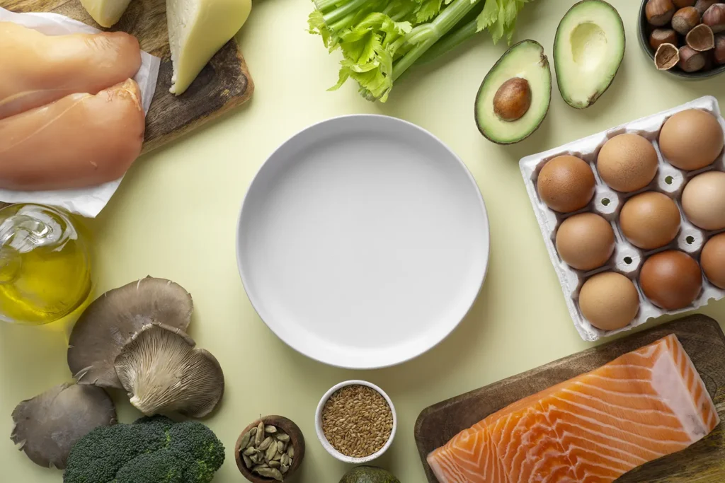 A selection of healthy foods including chicken, cheese, celery, avocado, eggs, nuts, salmon, broccoli, and olive oil, highlighting ingredients that support oral health.
