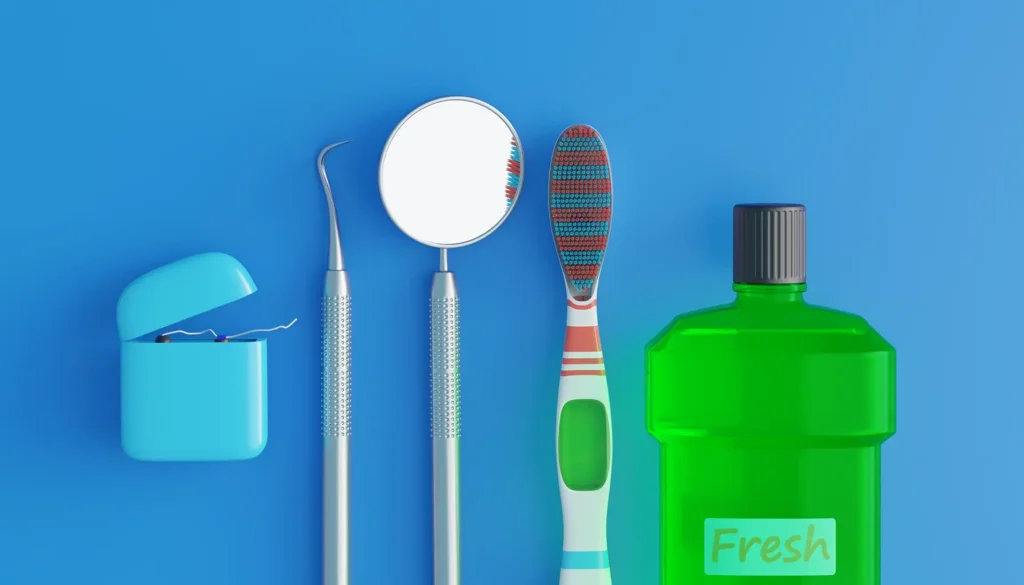 Dental hygiene concept featuring dental floss, a dental mirror, a dental scaler, a toothbrush, and a bottle of green mouthwash, essential tools for maintaining oral health and preventing issues related to allergies.