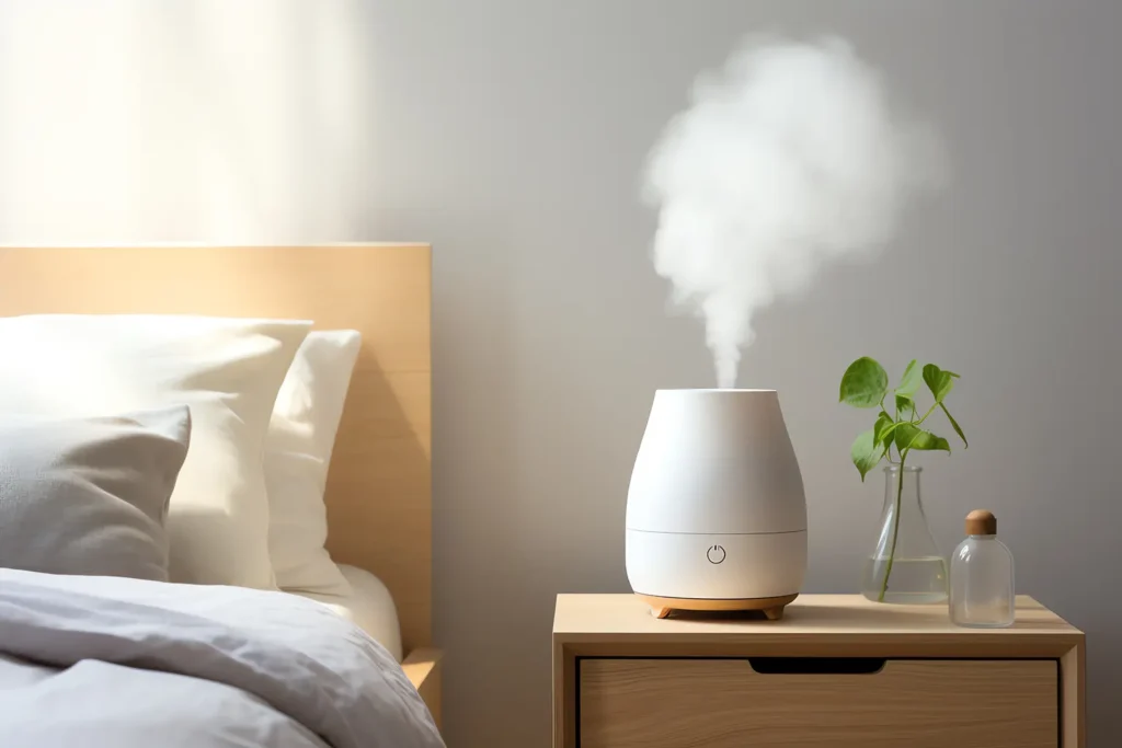 White humidifier releasing steam on a wooden nightstand beside a bed with white bedding and a small green plant in a glass vase, helping to alleviate allergies and improve oral health by maintaining indoor air quality.