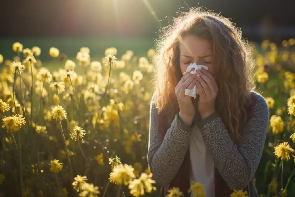 Woman suffering from allergies sneezing into a tissue while standing in a field of yellow flowers, illustrating the impact of seasonal allergies on oral health.