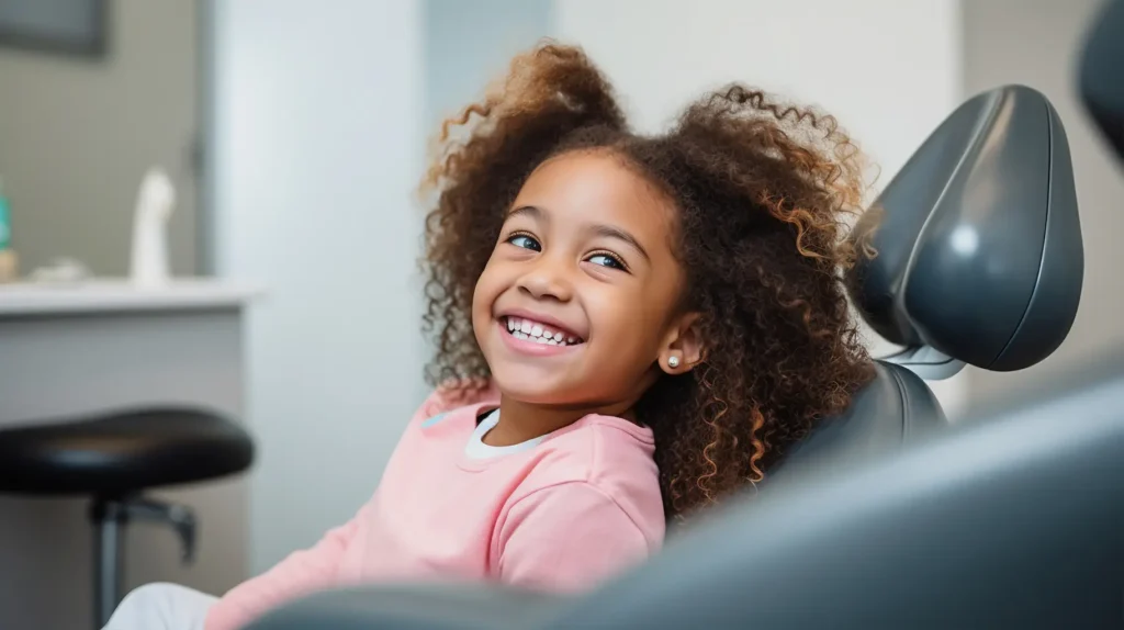 Legacy Smiles is a quality family dentist. A young girl smiles in a dental chair.