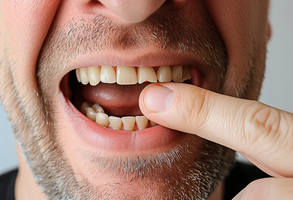 Close-up of a man's teeth, highlighting the need for a mouth guard to prevent dental damage. Legacy Smiles in Billings, MT offers custom-fitted mouth guards for optimal protection and oral health.