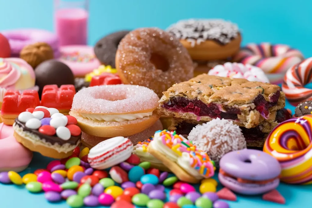 Assortment of sugary foods, illustrating the impact of excessive sugar consumption on tooth decay and overall health.