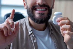 Close-up of a man using dental floss to clean his teeth, emphasizing the importance of flossing as part of oral care recommended by Legacy Smiles.